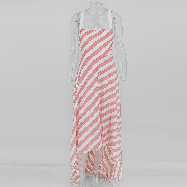 Striped Sleeveless Long Striped Cross Lace Up Dress