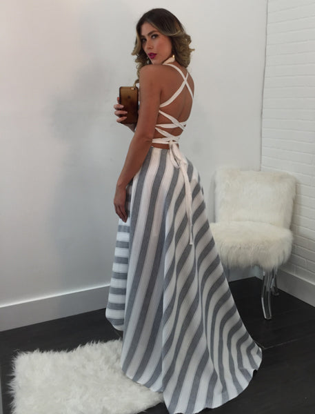 Striped Sleeveless Long Striped Cross Lace Up Dress