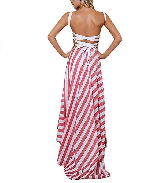 Striped Sleeveless Long Striped Cross Lace Up Dress