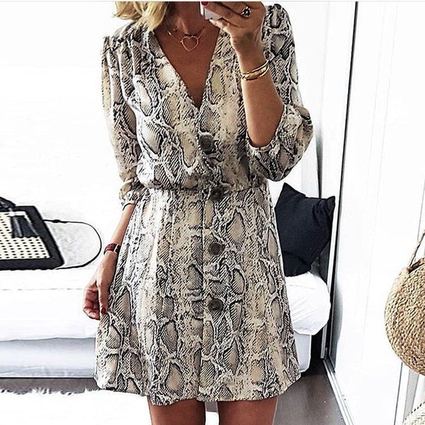 Snakeskin Printed High Street A-line V-neck Half Sleeve Button Casual Dress