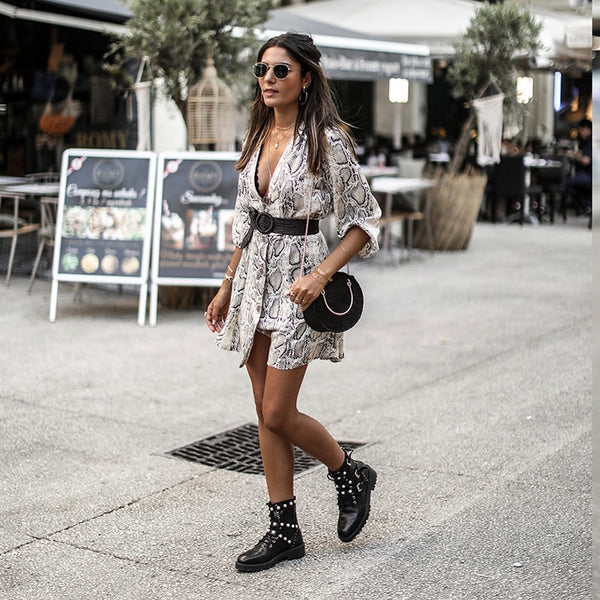Snakeskin Printed High Street A-line V-neck Half Sleeve Button Casual Dress