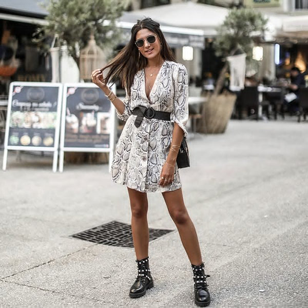 Snakeskin Printed High Street A-line V-neck Half Sleeve Button Casual Dress