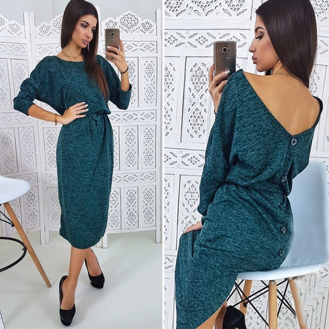 Women Sexy Backless Button O Neck Ladies Dress