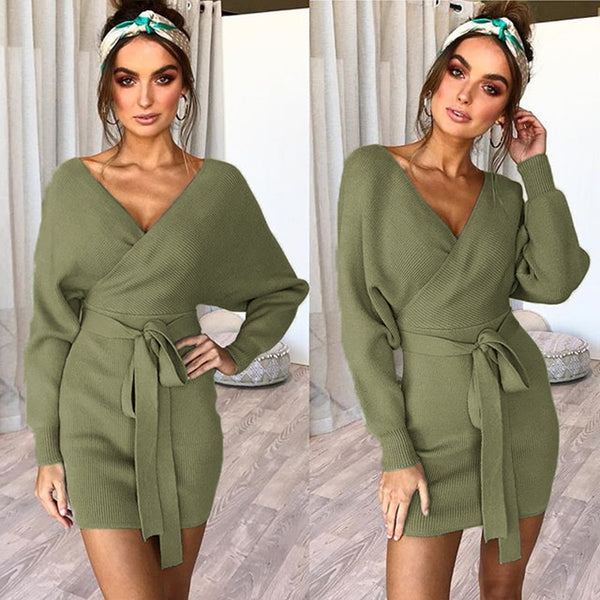 Long-Sleeve Belted  V-neck Sweater Knit Dress