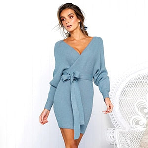 Long-Sleeve Belted  V-neck Sweater Knit Dress