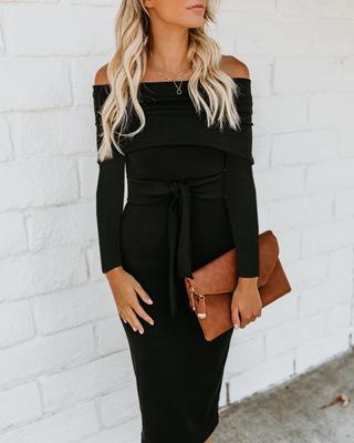 Women Off Shoulder Sexy Pencil Slash Neck Long Sleeve Tunic Ladies Backless Elegant Bodycon Dress