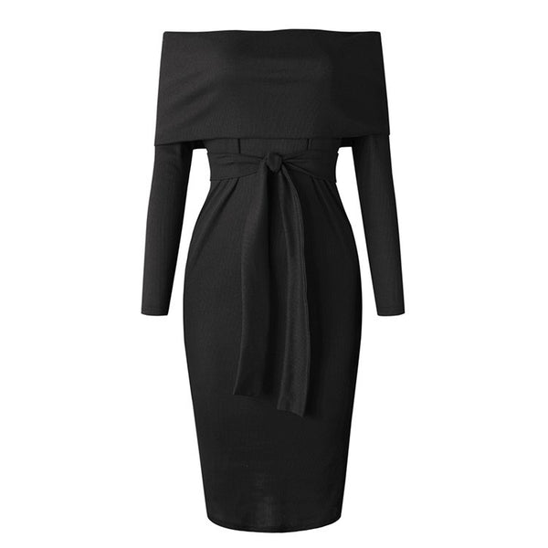 Women Off Shoulder Sexy Pencil Slash Neck Long Sleeve Tunic Ladies Backless Elegant Bodycon Dress