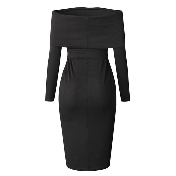 Women Off Shoulder Sexy Pencil Slash Neck Long Sleeve Tunic Ladies Backless Elegant Bodycon Dress