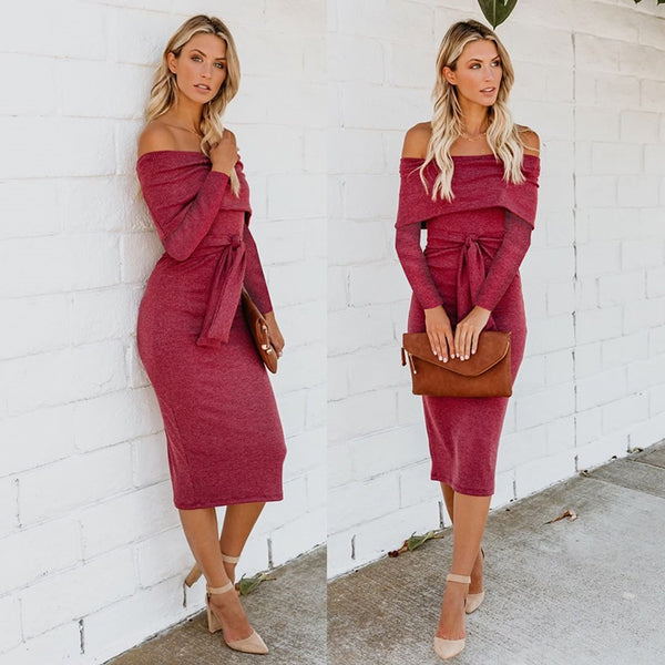 Women Off Shoulder Sexy Pencil Slash Neck Long Sleeve Tunic Ladies Backless Elegant Bodycon Dress