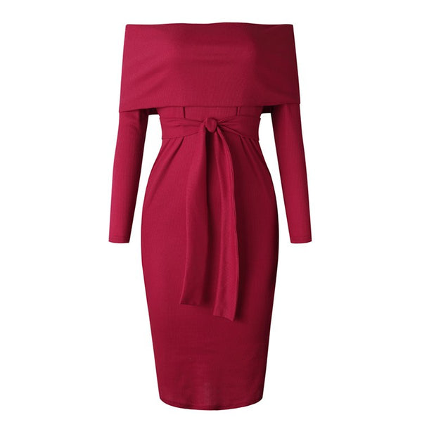 Women Off Shoulder Sexy Pencil Slash Neck Long Sleeve Tunic Ladies Backless Elegant Bodycon Dress