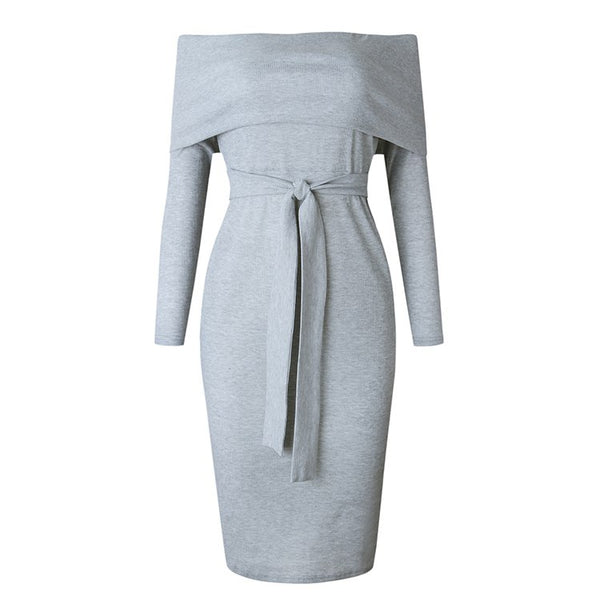 Women Off Shoulder Sexy Pencil Slash Neck Long Sleeve Tunic Ladies Backless Elegant Bodycon Dress