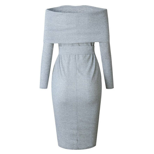 Women Off Shoulder Sexy Pencil Slash Neck Long Sleeve Tunic Ladies Backless Elegant Bodycon Dress