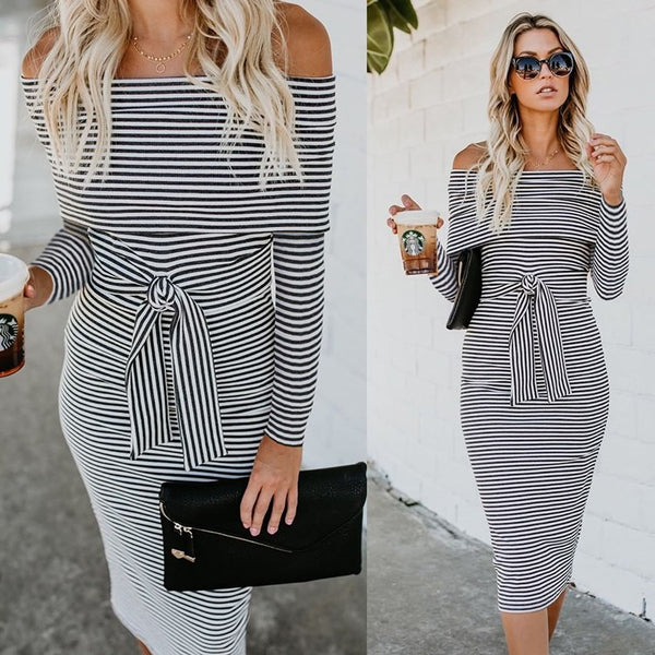Women Off Shoulder Sexy Pencil Slash Neck Long Sleeve Tunic Ladies Backless Elegant Bodycon Dress