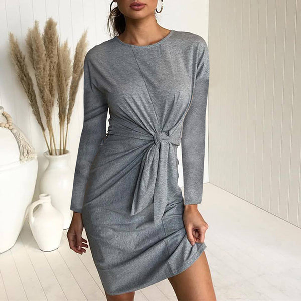 Women Bow Bandage Tunic O-neck Long Sleeve Solid Color Elegant Casual Dress