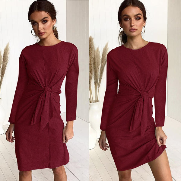 Women Bow Bandage Tunic O-neck Long Sleeve Solid Color Elegant Casual Dress