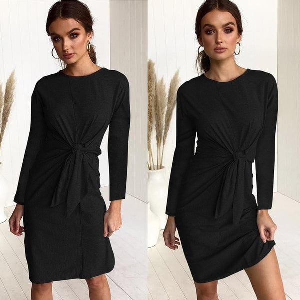 Women Bow Bandage Tunic O-neck Long Sleeve Solid Color Elegant Casual Dress