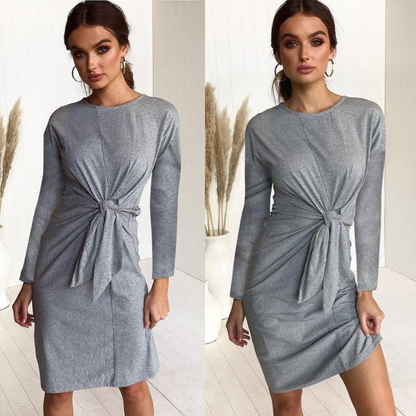 Women Bow Bandage Tunic O-neck Long Sleeve Solid Color Elegant Casual Dress