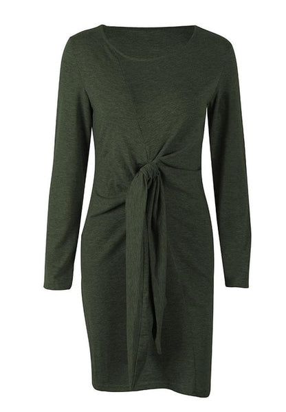 Women Bow Bandage Tunic O-neck Long Sleeve Solid Color Elegant Casual Dress