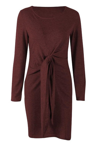 Women Bow Bandage Tunic O-neck Long Sleeve Solid Color Elegant Casual Dress