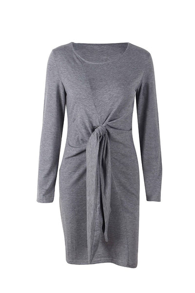 Women Bow Bandage Tunic O-neck Long Sleeve Solid Color Elegant Casual Dress