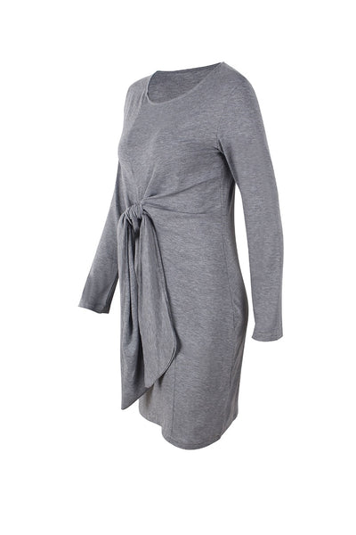 Women Bow Bandage Tunic O-neck Long Sleeve Solid Color Elegant Casual Dress