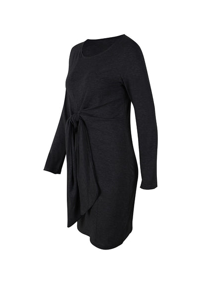 Women Bow Bandage Tunic O-neck Long Sleeve Solid Color Elegant Casual Dress