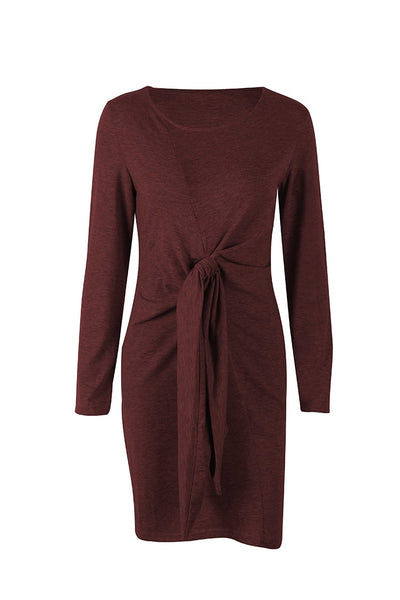 Women Bow Bandage Tunic O-neck Long Sleeve Solid Color Elegant Casual Dress
