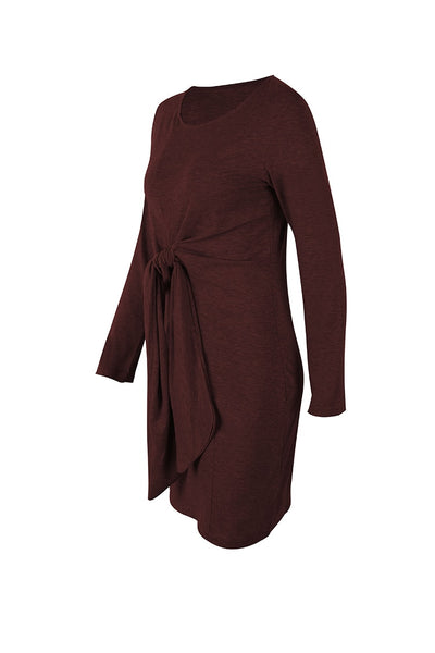 Women Bow Bandage Tunic O-neck Long Sleeve Solid Color Elegant Casual Dress