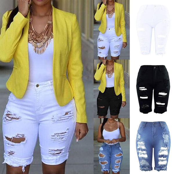 Women Ripped Jeans Elastic Destroyed Denim Skinny Jean Shorts