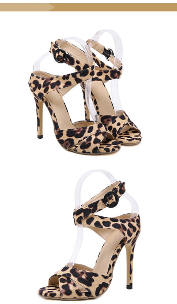 Women High Heel Leopard Print Ankle Strap Stiletto Sandal Shoes