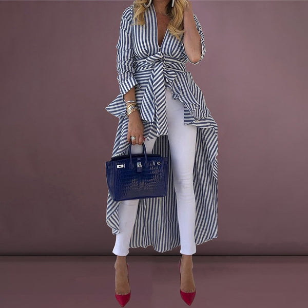Women Fashion Elegant Asymmetrical Long Striped Blouse