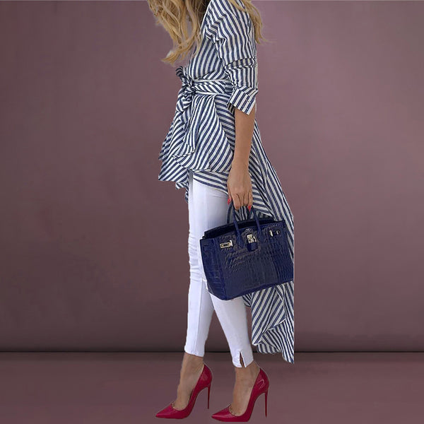 Women Fashion Elegant Asymmetrical Long Striped Blouse