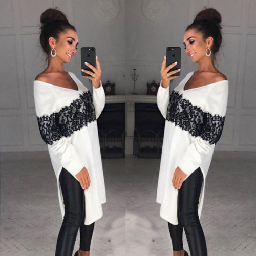 Ladies Women Long Sleeve Casual V-neck Asymmetric Loose Lace Top Blouse