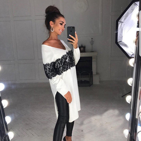 Ladies Women Long Sleeve Casual V-neck Asymmetric Loose Lace Top Blouse
