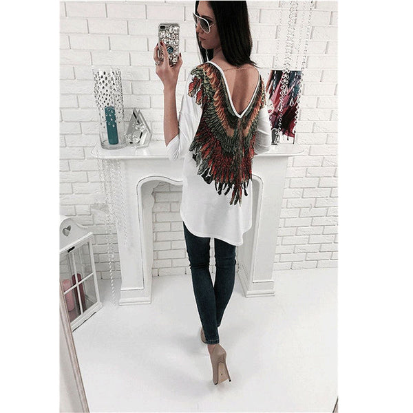 Womens Backless Loose Long Sleeve Cotton Casual Shirt Top Blouse