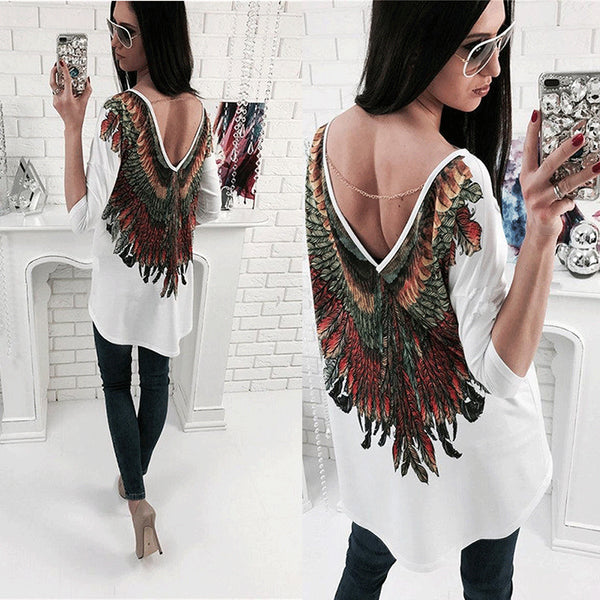 Womens Backless Loose Long Sleeve Cotton Casual Shirt Top Blouse