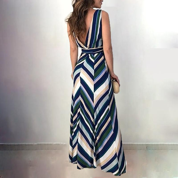 Women Fashion Wrapped Long Chevron Stripes Backless Belted Casual Maxi Dress