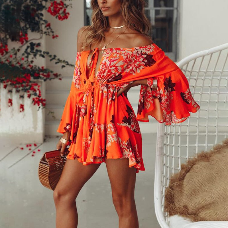 Off Shoulder Sexy Play Flare Sleeve Casual Lace Up Romper Jumpsuits
