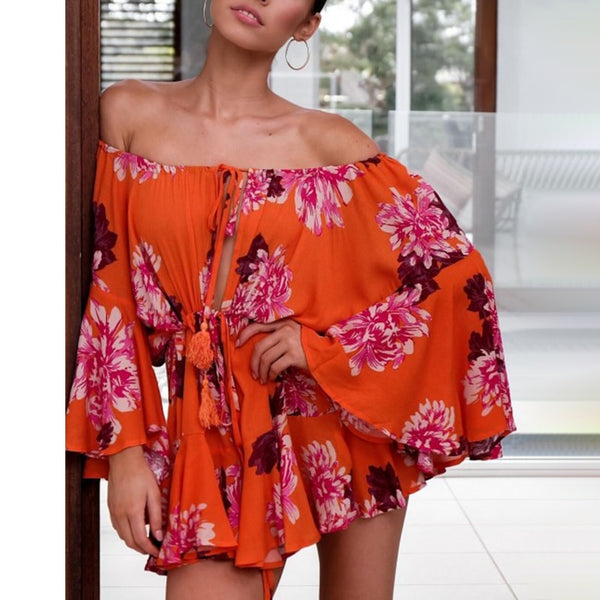 Off Shoulder Sexy Play Flare Sleeve Casual Lace Up Romper Jumpsuits