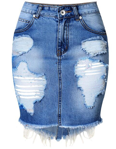 Womens Pencil Denim High Waist Ripped Jean Skirt