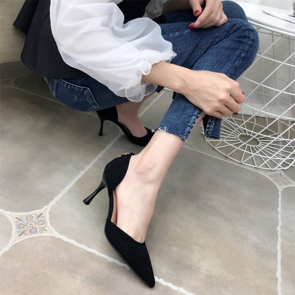 Pointed Toe Slip On Faux Suede Basic Pump Heels