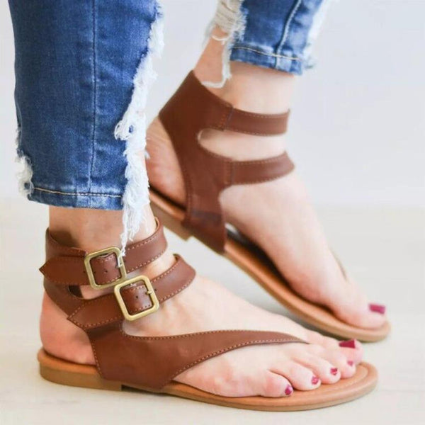 Women's Roman Gladiator Buckle Strap Flat Heel Flip Flop Sandals Shoes