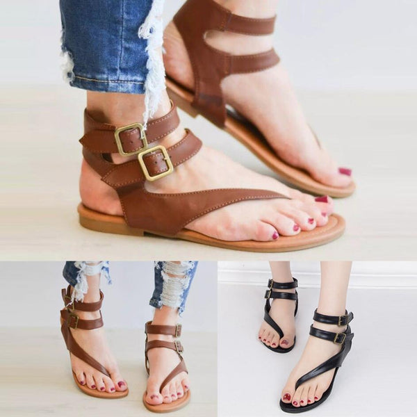 Women's Roman Gladiator Buckle Strap Flat Heel Flip Flop Sandals Shoes