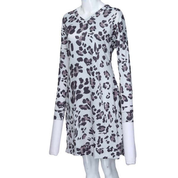 Women O-Neck Leopard Print Pocket Long Sleeve Ladies Dress
