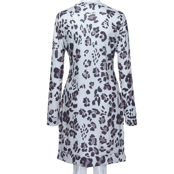 Women O-Neck Leopard Print Pocket Long Sleeve Ladies Dress