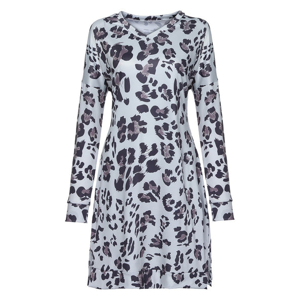 Women O-Neck Leopard Print Pocket Long Sleeve Ladies Dress