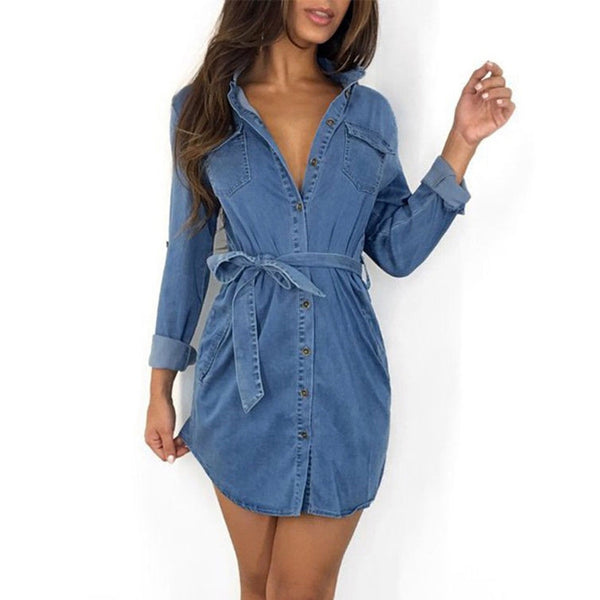 Women's Fashion Denim Long Sleeve Jean Shirt Dress
