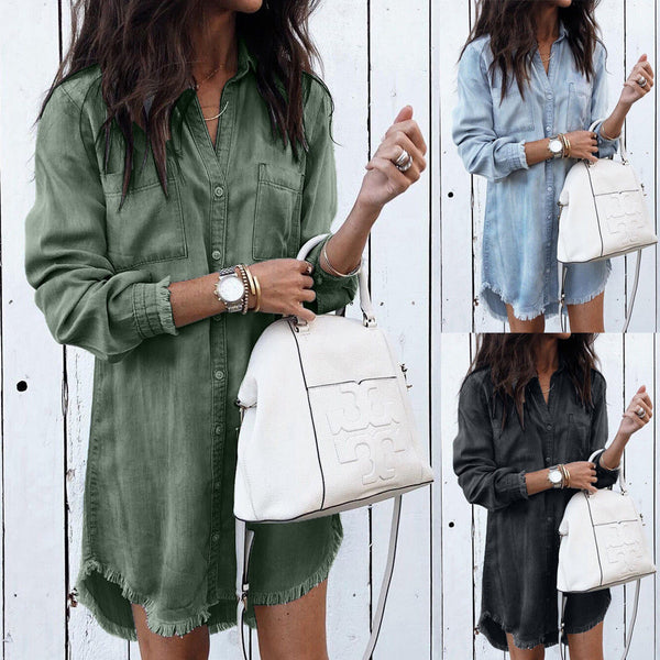 Women Denim Casual Full Sleeve Button Blouse Long Shirt