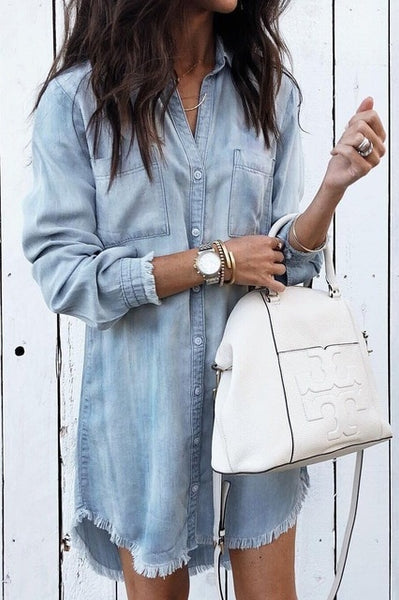 Women Denim Casual Full Sleeve Button Blouse Long Shirt