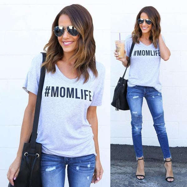 Women Casual MOM LIFE Graphic Round Neck Cotton T-shirt